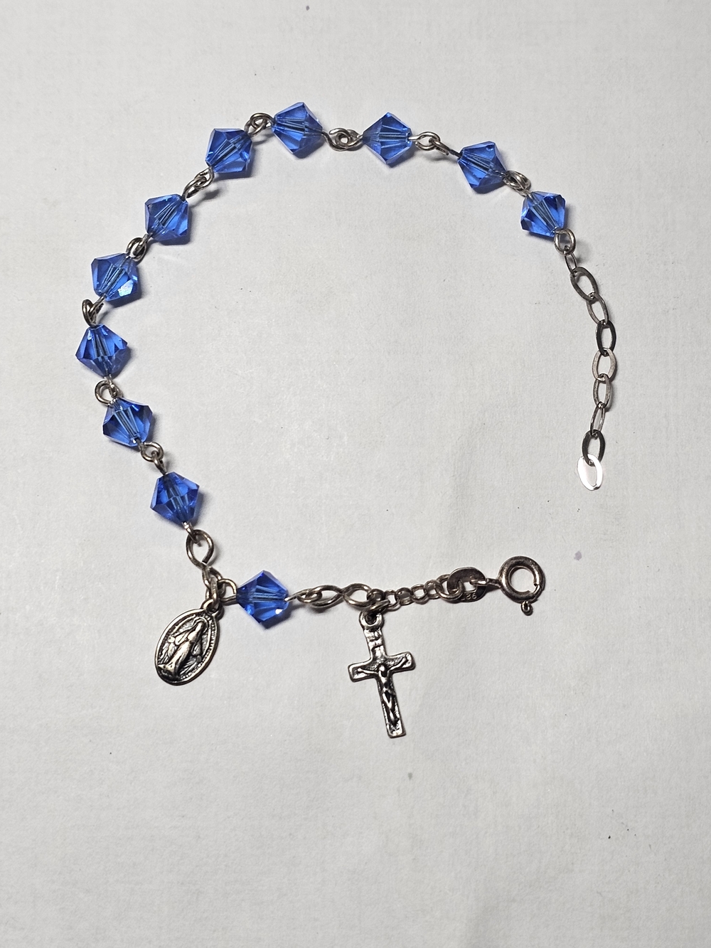 Sterling Silver 925 Blue Crystal Rosary-Style Bracelet with Cross Charm